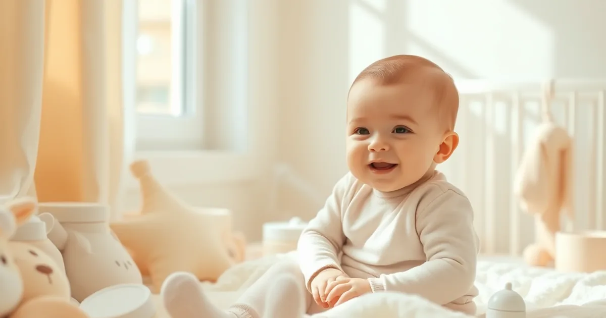 Happy baby surrounded by baby products