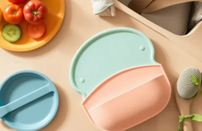 Baby led weaning products including silicone plate, bib and soft spoon