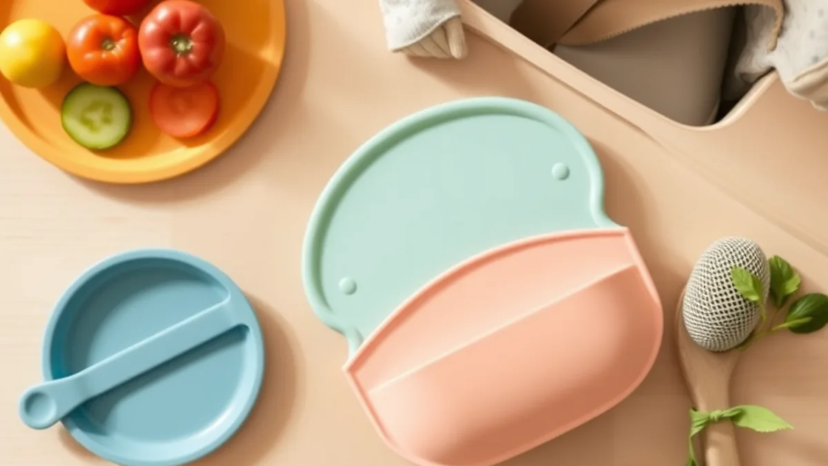 Baby led weaning products including silicone plate, bib and soft spoon