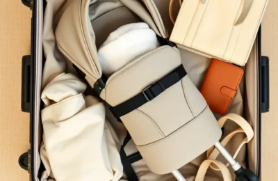 Baby travel essentials with compact stroller and carrier