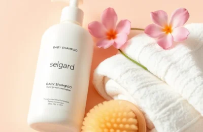 Gentle baby hair care products on soft pastel background