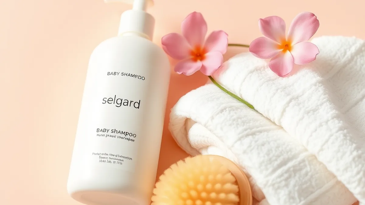Gentle baby hair care products on soft pastel background