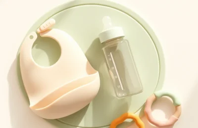 Silicone baby feeding products flat lay