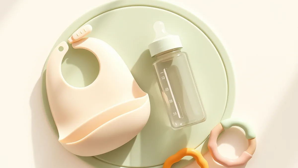 Silicone baby feeding products flat lay