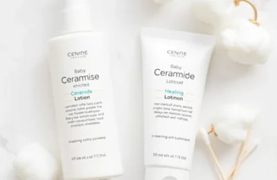 CeraVe-style ceramide baby skincare on white marble