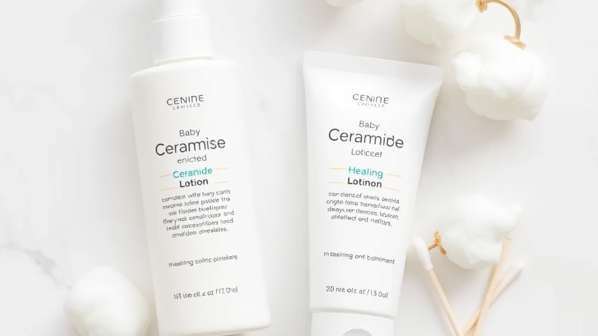 CeraVe-style ceramide baby skincare on white marble