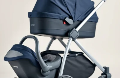 Modern baby car seat and stroller product photography