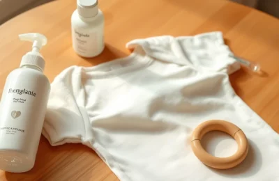 Essential baby products flat lay on warm wooden table