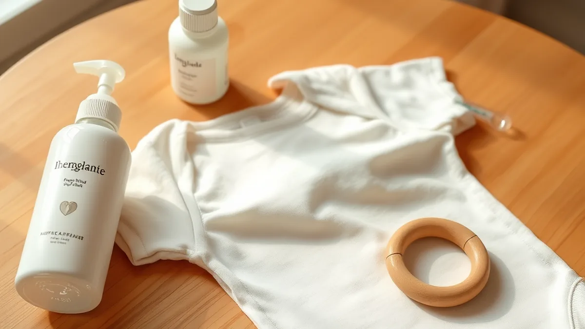 Essential baby products flat lay on warm wooden table