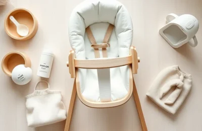 Scandinavian minimalist baby products including wooden high chair and Nordic bouncer