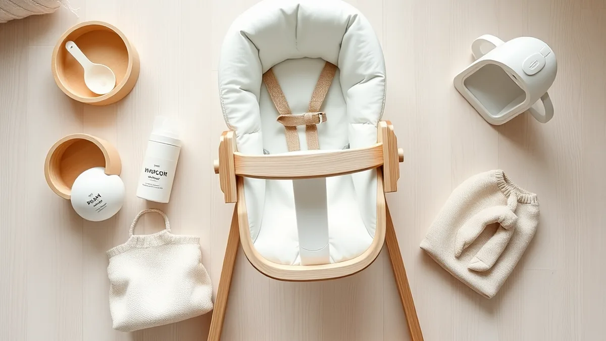 Scandinavian minimalist baby products including wooden high chair and Nordic bouncer