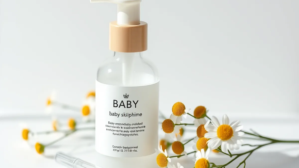 Sebamed-style baby skincare with chamomile flowers