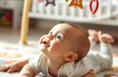 Best baby activity gyms 2026 - infant reaching up at hanging toys on a colorful developmental play mat