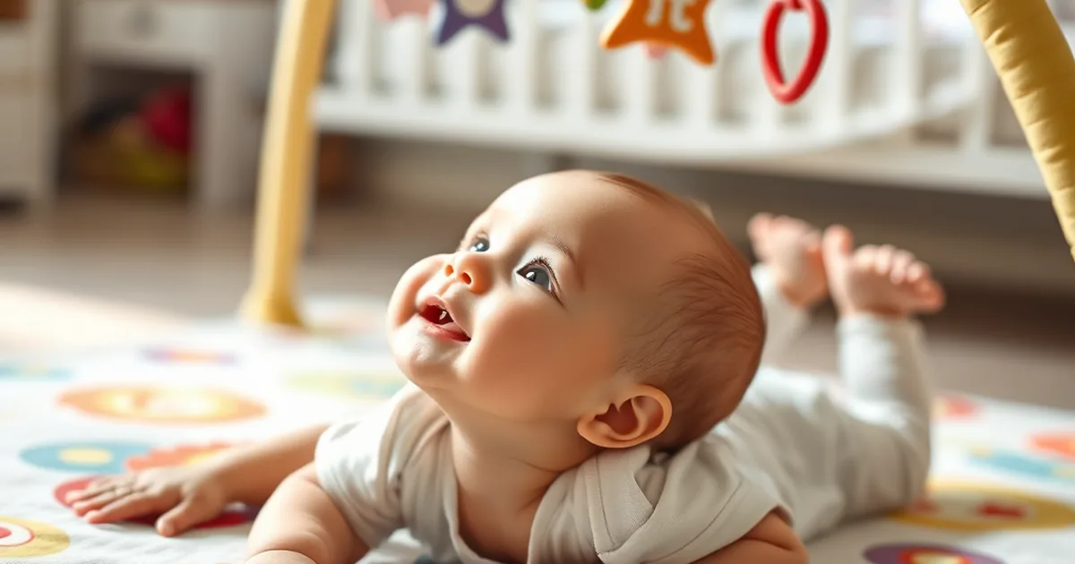 Best baby activity gyms 2026 - infant reaching up at hanging toys on a colorful developmental play mat