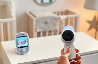Best baby monitors 2026 showing a video monitor in a cozy nursery with a sleeping baby