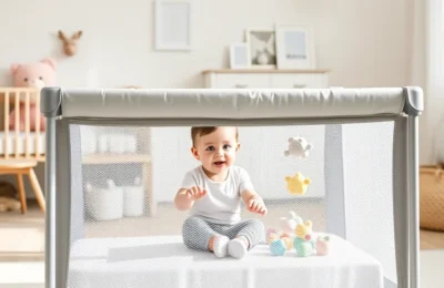 Best baby playards 2026 - modern mesh playard with baby playing inside in a bright nursery