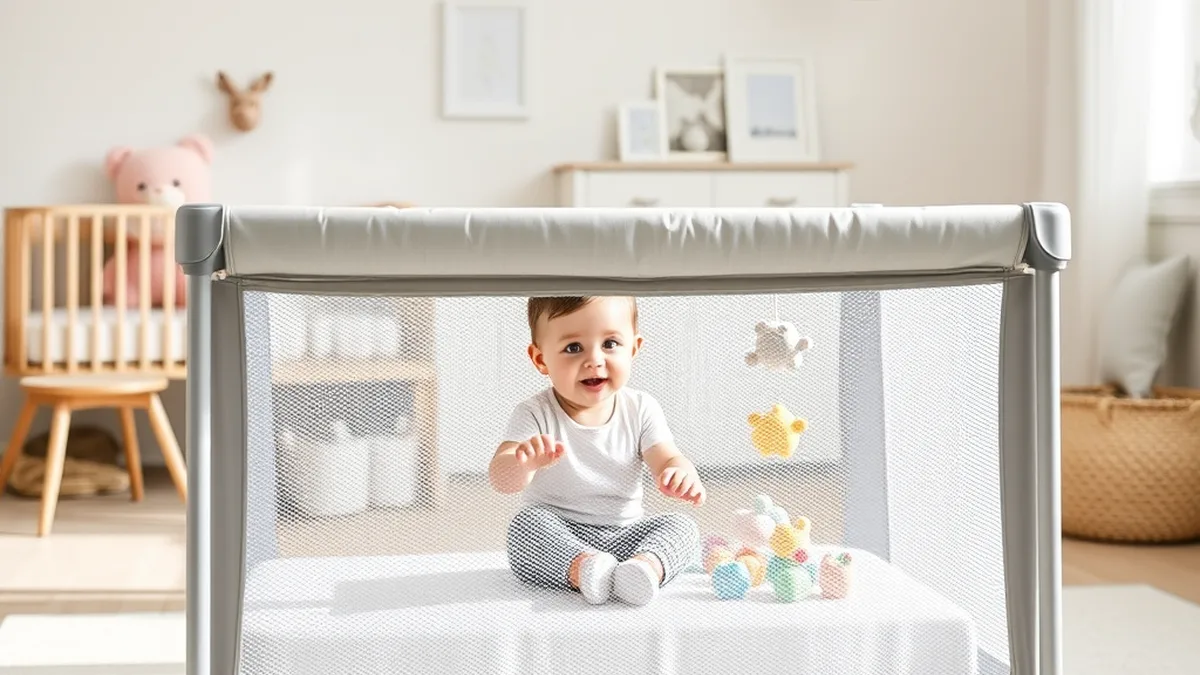 Best baby playards 2026 - modern mesh playard with baby playing inside in a bright nursery