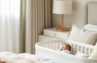 Best bassinets 2026 - modern white bassinet in a peaceful nursery beside a parents bed