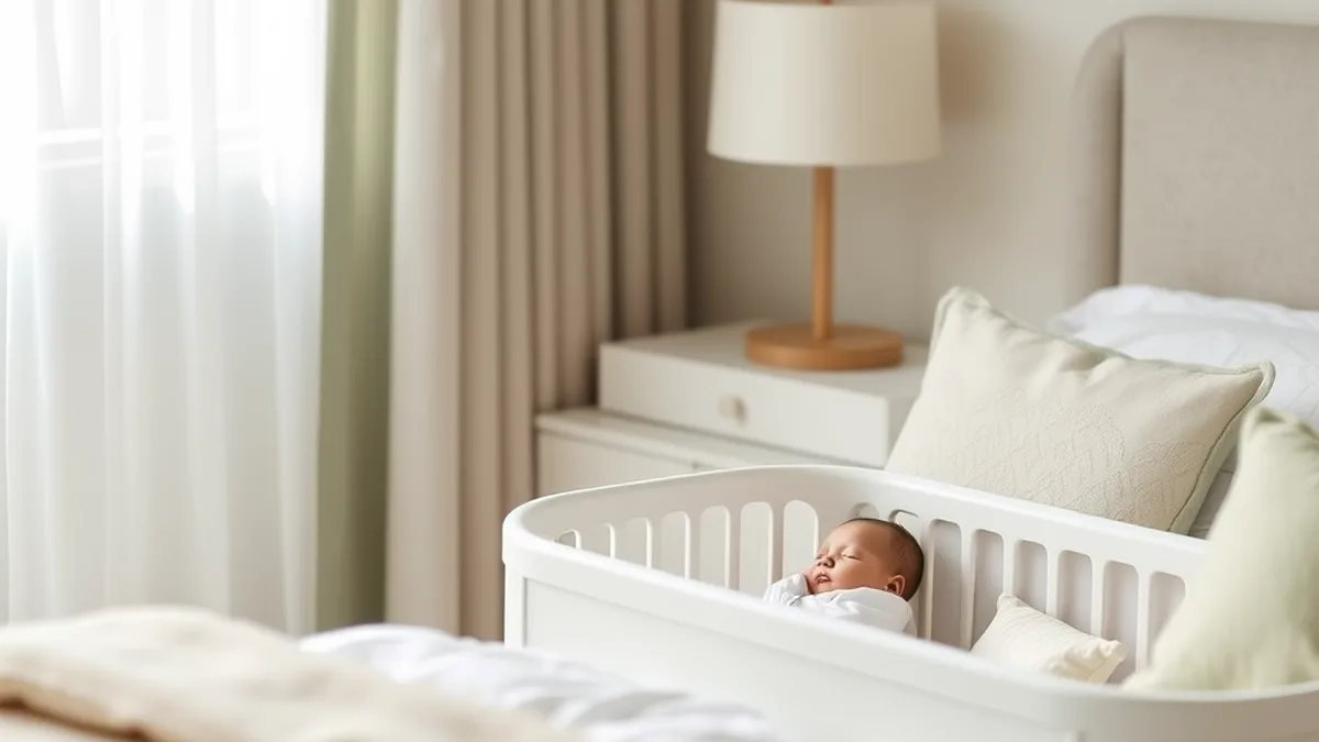 Best bassinets 2026 - modern white bassinet in a peaceful nursery beside a parents bed