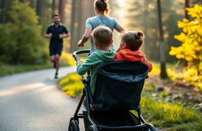 Best double jogging strollers 2026 - parent running with two children in a premium double jogging stroller on a trail