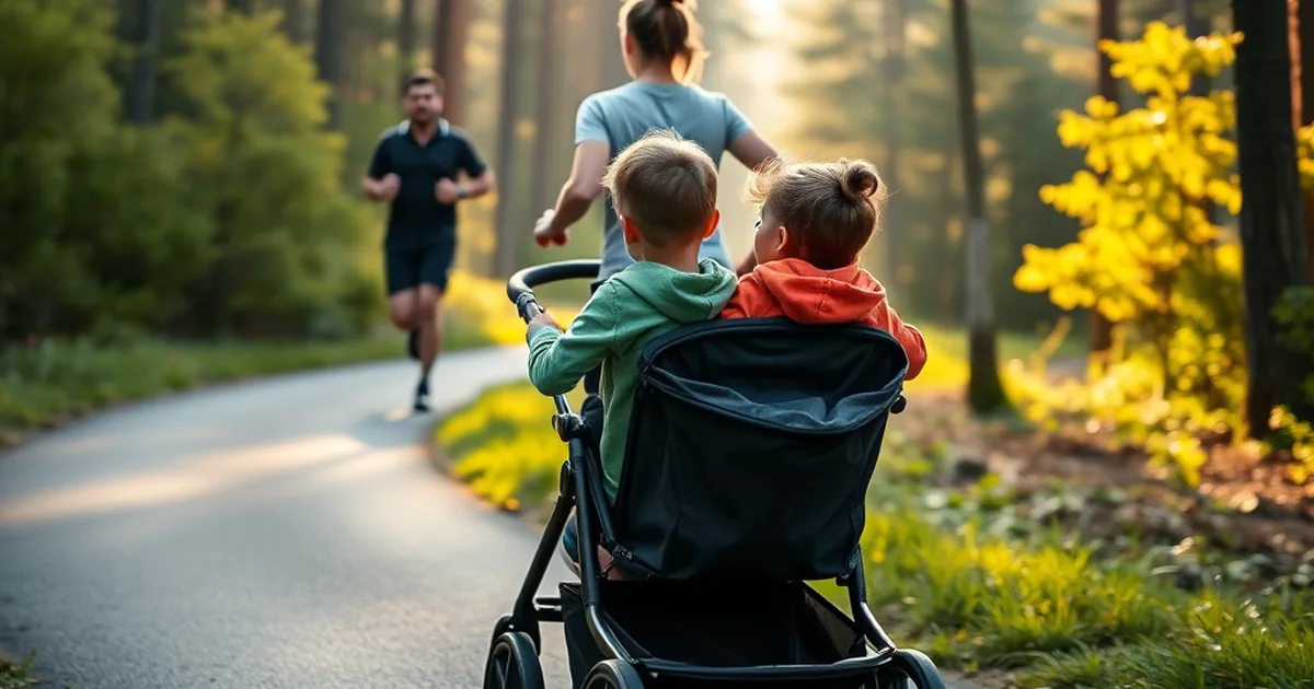 Best double jogging strollers 2026 - parent running with two children in a premium double jogging stroller on a trail