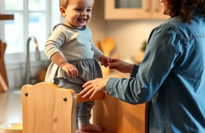 Best toddler learning towers 2026 - toddler standing on a wooden learning tower helping in the kitchen