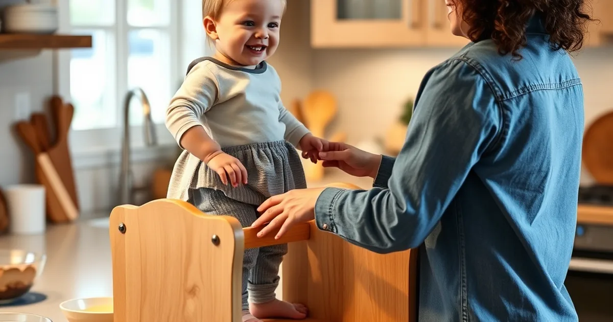 Best toddler learning towers 2026 - toddler standing on a wooden learning tower helping in the kitchen
