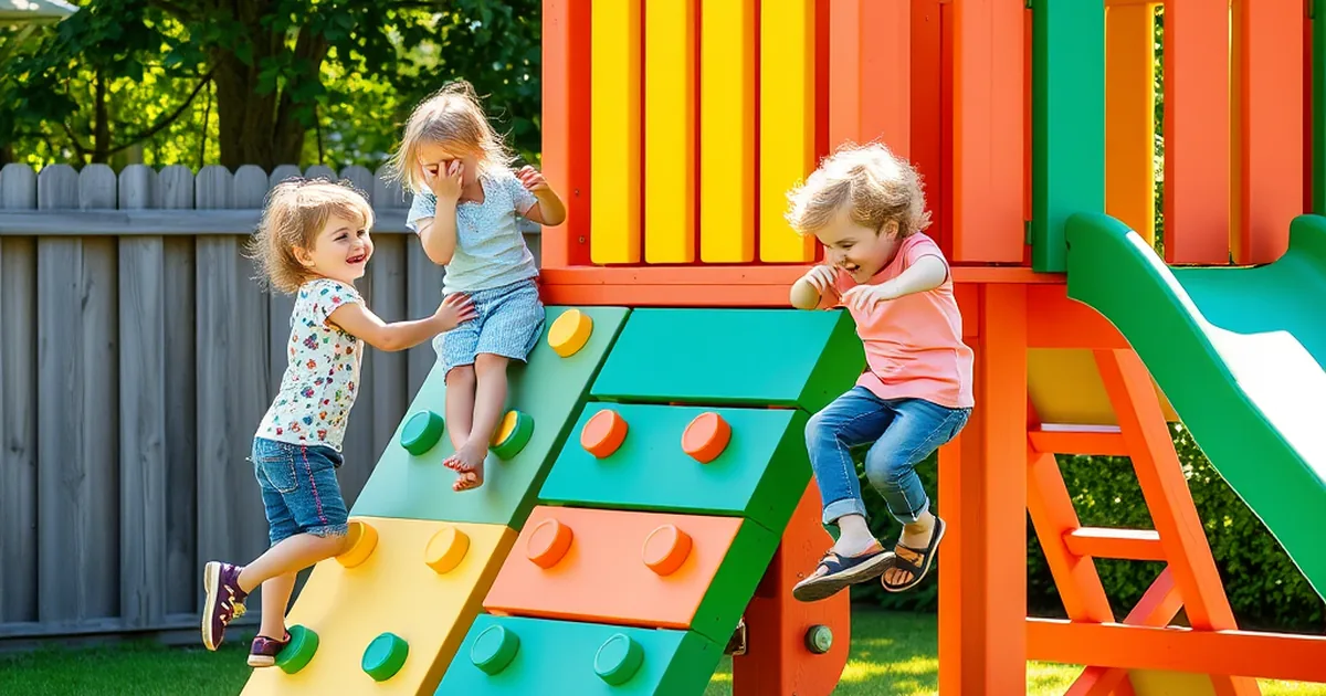 Best toddler outdoor playsets 2026 - children playing on a colorful wooden outdoor playset in a sunny backyard