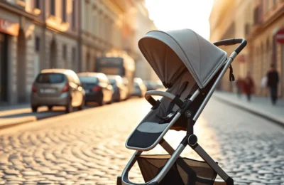 Chicco stroller and travel system lifestyle photo on a sunny European street