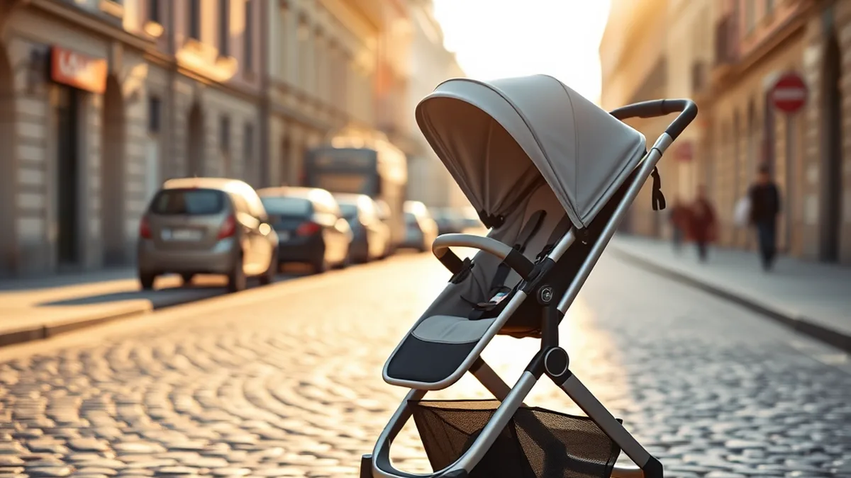 Chicco stroller and travel system lifestyle photo on a sunny European street