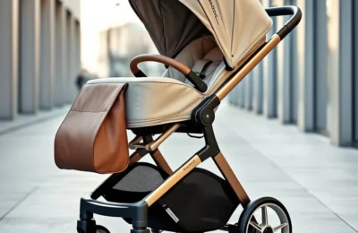 Cybex premium baby stroller lifestyle photo on a Scandinavian urban sidewalk