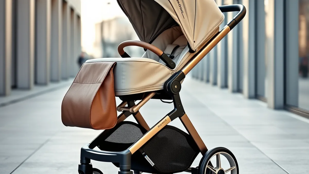 Cybex premium baby stroller lifestyle photo on a Scandinavian urban sidewalk