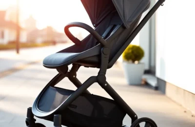 UPPAbaby stroller lifestyle photo featuring the Vista V3 on a sunny sidewalk