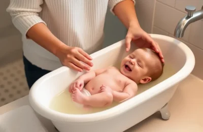 Best baby bathtubs 2026 - parent gently bathing a happy newborn in a premium infant bathtub on a bathroom counter