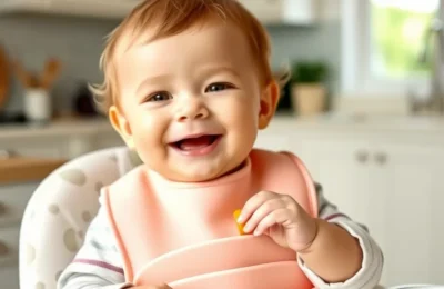 Best baby bibs 2026 - baby in a high chair wearing a silicone bib with a food pocket
