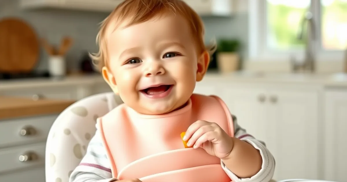 Best baby bibs 2026 - baby in a high chair wearing a silicone bib with a food pocket