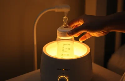 Best baby bottle warmers 2026 - electric baby bottle warmer on a nightstand in a dim nursery warming a bottle for night feed