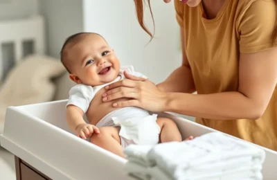 Best baby diapers 2026 - parent changing a happy baby's diaper on a changing table with a stack of fresh diapers nearby