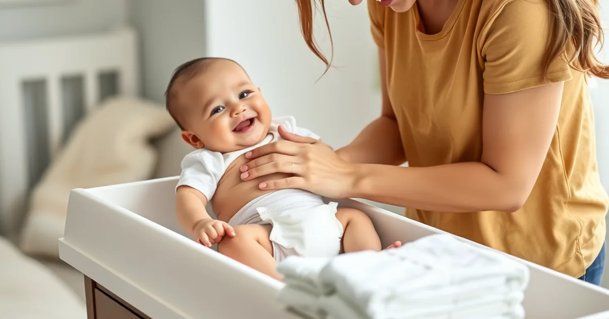 Best baby diapers 2026 - parent changing a happy baby's diaper on a changing table with a stack of fresh diapers nearby