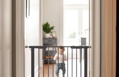 Best baby gates 2026 - modern white aluminum safety gate installed in a bright home doorway