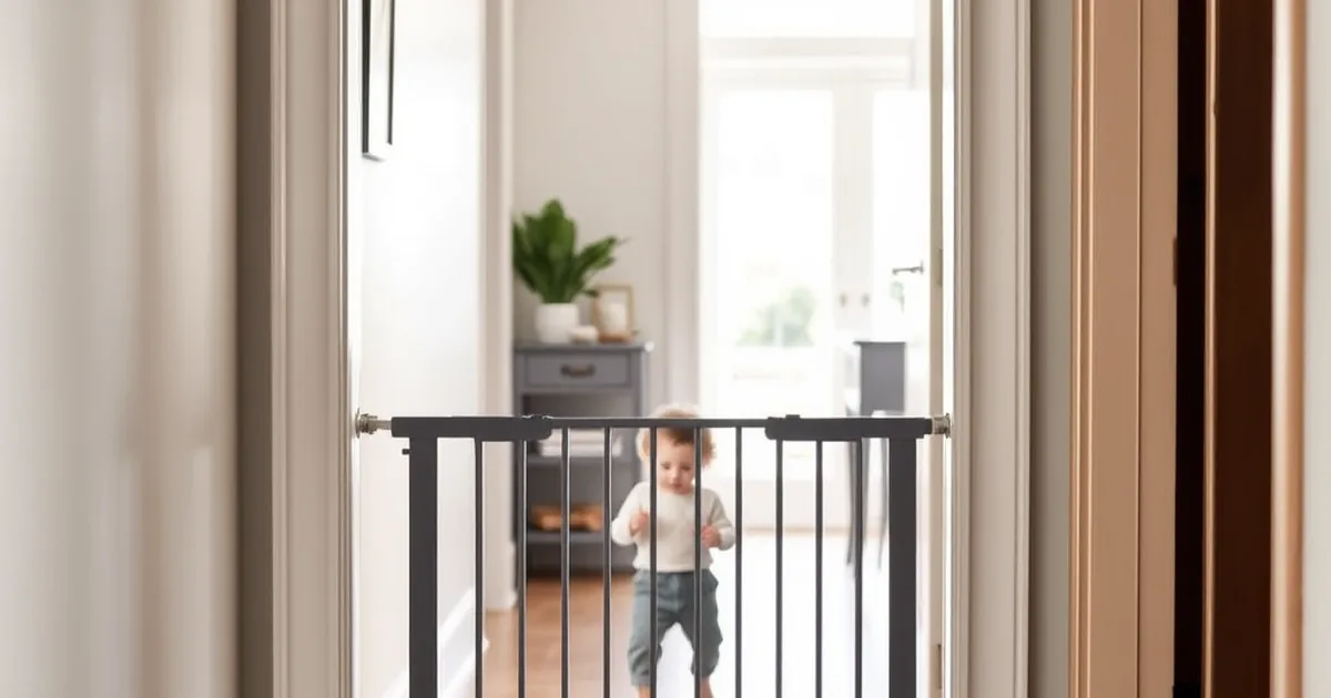 Best baby gates 2026 - modern white aluminum safety gate installed in a bright home doorway