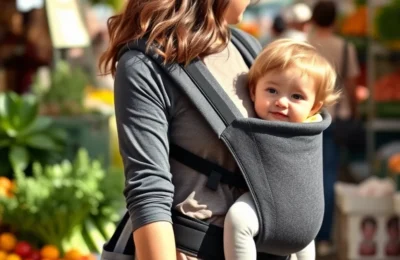 Best baby hip seat carriers 2026 - parent carrying a toddler on a padded hip seat carrier at a farmers market
