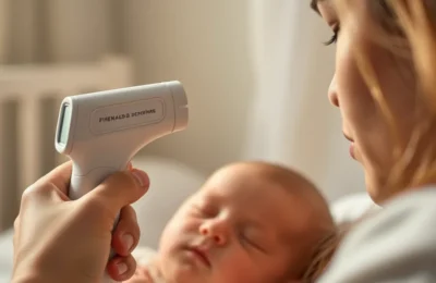 Best baby thermometers 2026 - parent using a no-touch forehead thermometer on a sleeping baby