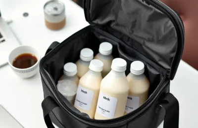 Best breast milk coolers 2026 - insulated breast milk cooler bag open on an office desk with labeled bottles and ice pack