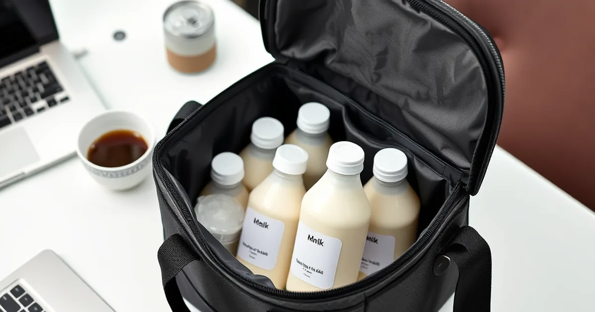 Best breast milk coolers 2026 - insulated breast milk cooler bag open on an office desk with labeled bottles and ice pack