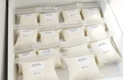 Best breast milk storage bags 2026 - labeled breast milk storage bags laid flat in a freezer drawer