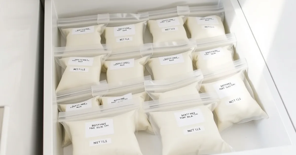 Best breast milk storage bags 2026 - labeled breast milk storage bags laid flat in a freezer drawer