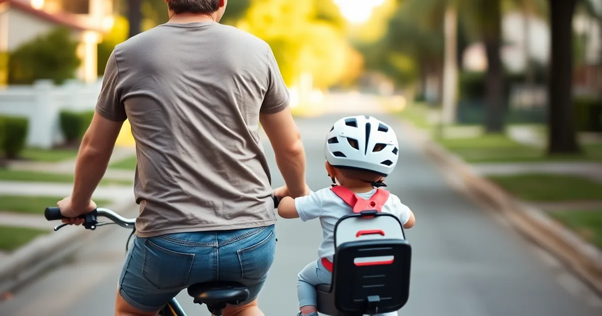 Best child bike seats 2026 - parent riding a bicycle with a toddler in a rear-mounted child bike seat wearing a helmet