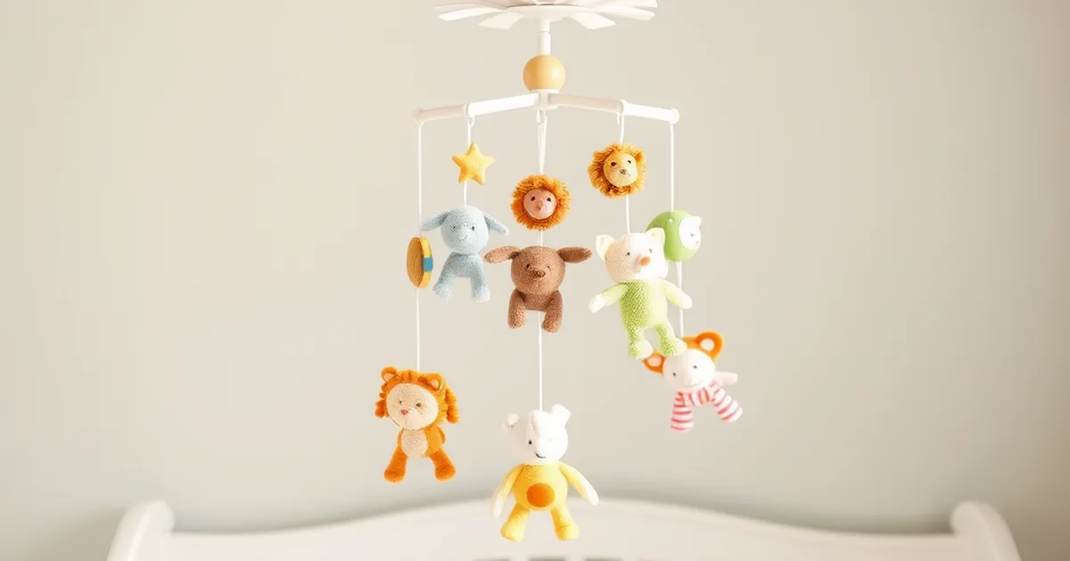 Best crib mobiles 2026 - colorful musical mobile hanging above a white crib in a soft pastel nursery