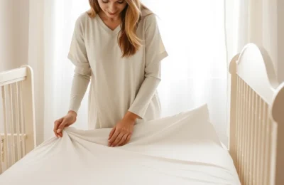 Best crib sheets 2026 - parent smoothing a soft fitted sheet onto a crib mattress in a bright nursery